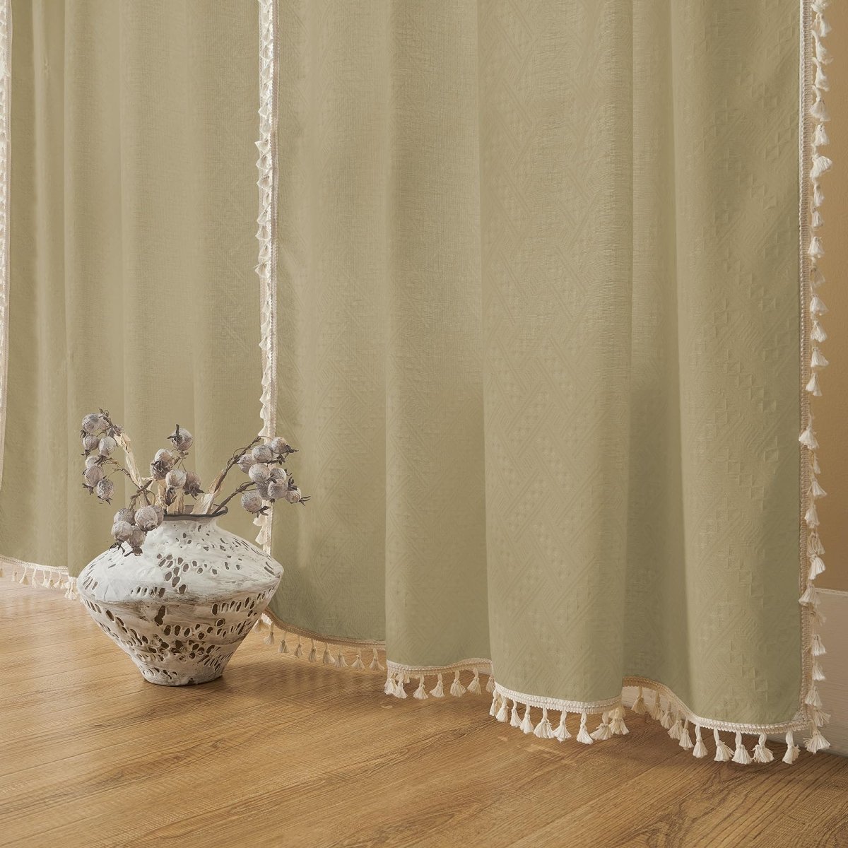 Joydeco Boho Khaki Linen Sheer Curtains - 2 Panel, Light Filtering, Farmhouse Style, Country Rustic Charm - Joydeco