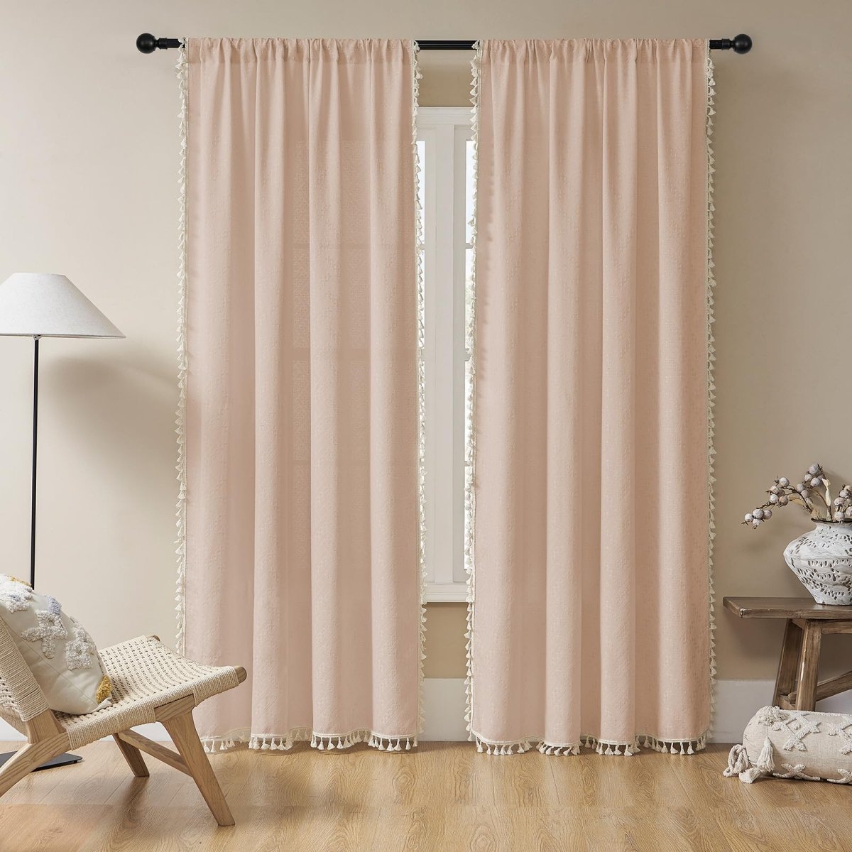 Joydeco Boho Pink Linen Sheer Curtains - 2 Panel, Light Filtering, Farmhouse Style, Country Rustic Charm - Joydeco