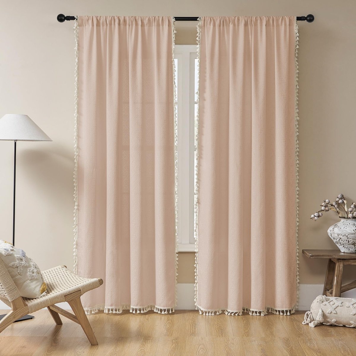 Joydeco Boho Pink Linen Sheer Curtains with Tassel Fringe, 2 Panels, Light Filtering for Living Room.