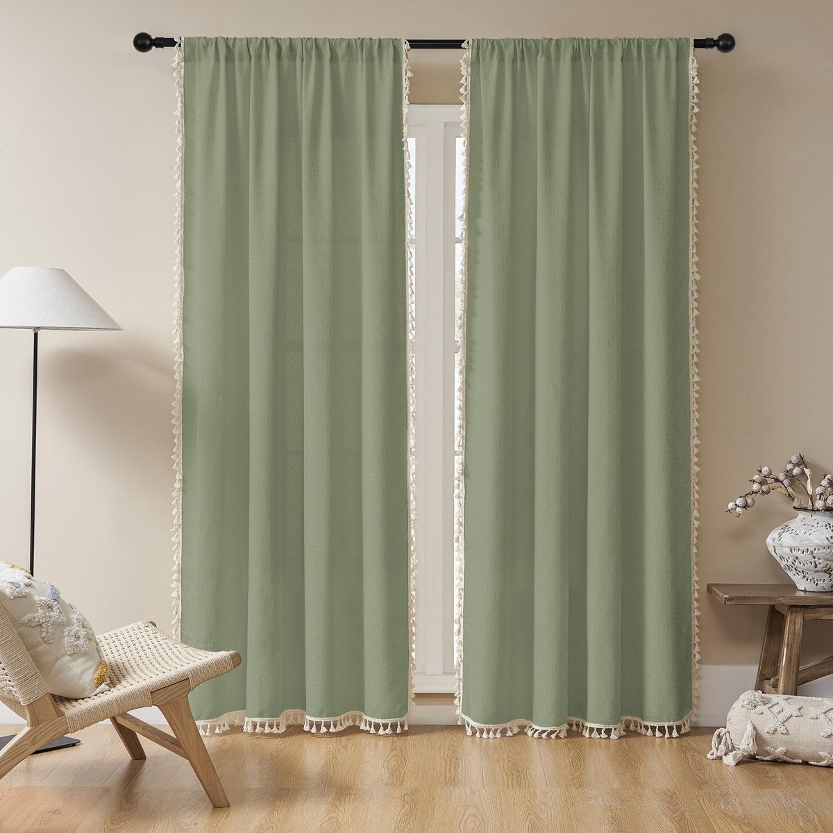 Joydeco Boho Sage Green Linen Sheer Curtains - 2 Panel, Light Filtering, Farmhouse Style, Country Rustic Charm - Joydeco