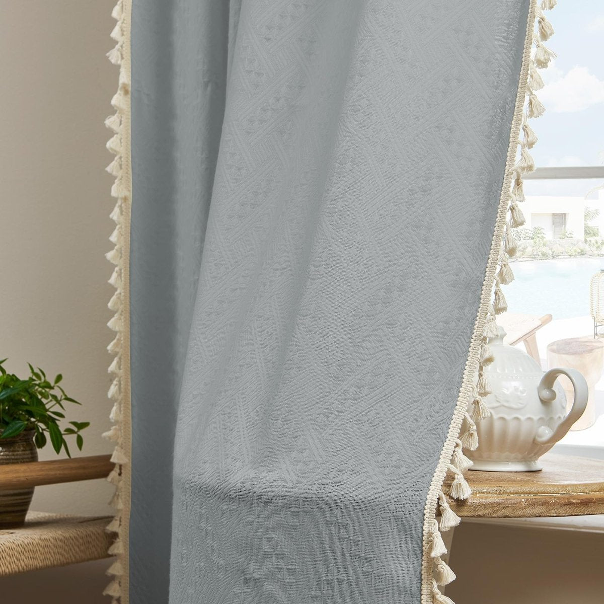 Joydeco Boho Stone Blue Linen Sheer Curtains - 2 Panels, Light Filtering, Farmhouse Style, Country Rustic Charm - Joydeco