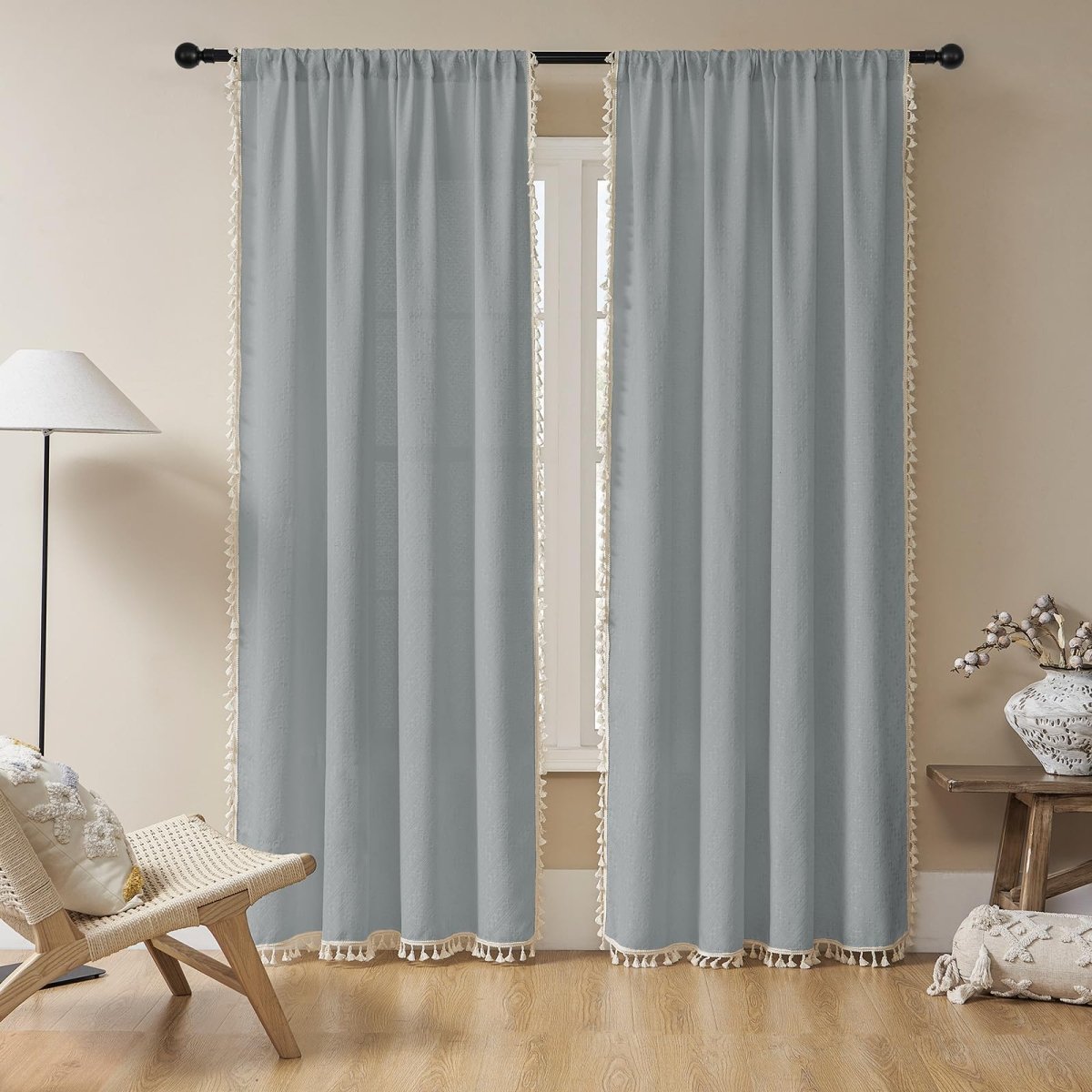 Joydeco Boho Stone Blue Linen Sheer Curtains - 2 Panels, Light Filtering, Farmhouse Style, Country Rustic Charm - Joydeco