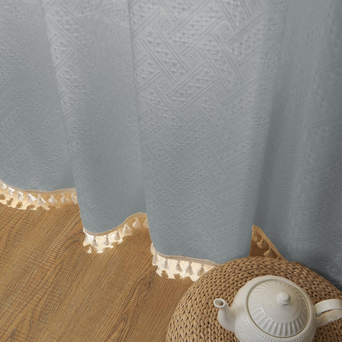 Joydeco Boho Stone Blue Linen Sheer Curtains - 2 Panels, Light Filtering, Farmhouse Style, Country Rustic Charm - Joydeco