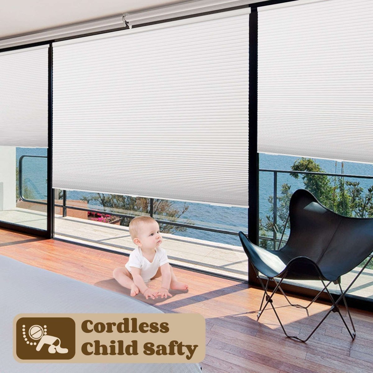 Joydeco Cellular Shades Cordless White Wide Blackout Cellular Blinds for Windows Waterproof Honeycomb Blinds Black Window Coverings - Joydeco