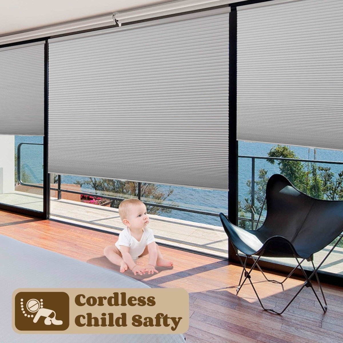 Light grey cordless cellular shades protecting a baby from potential hazards on the floor, emphasizing child safety.