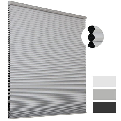 Light grey cordless cellular shade with blackout lining and color swatches of white, grey, and charcoal.