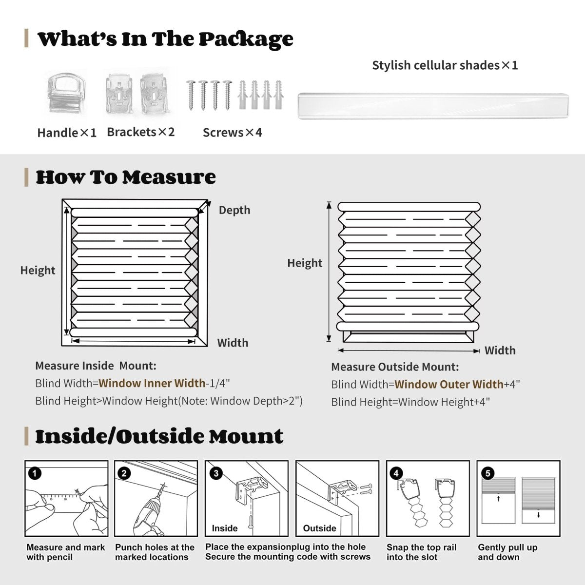 Joydeco cellular shades installation guide: package, measuring, and fitting instructions.