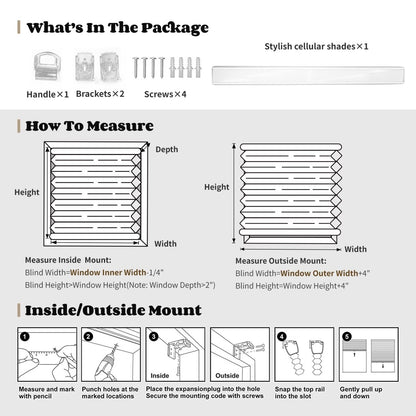 Joydeco cellular shades installation guide: package, measuring, and fitting instructions.
