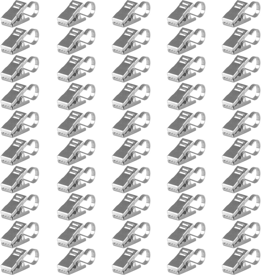 Joydeco small stainless steel curtain clips with hanging hooks, showcasing multiple clips with a silver metallic finish.