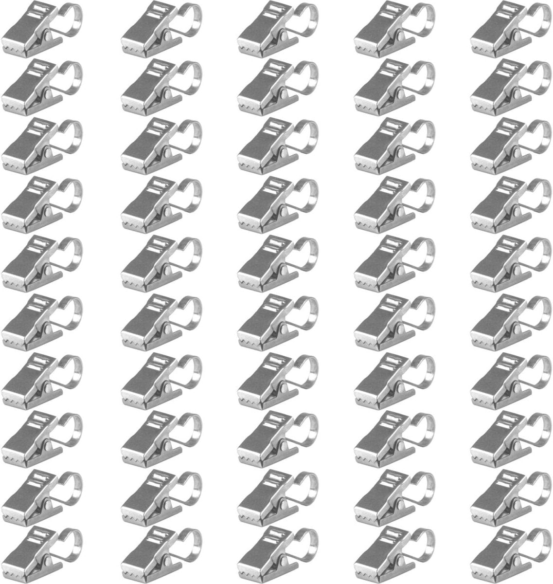 Joydeco small stainless steel curtain clips with hanging hooks, showcasing multiple clips with a silver metallic finish.