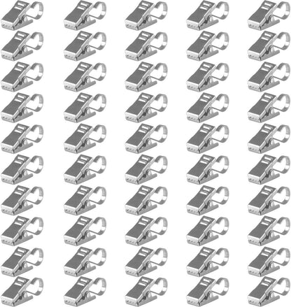 Joydeco small stainless steel curtain clips with hanging hooks, showcasing multiple clips with a silver metallic finish.