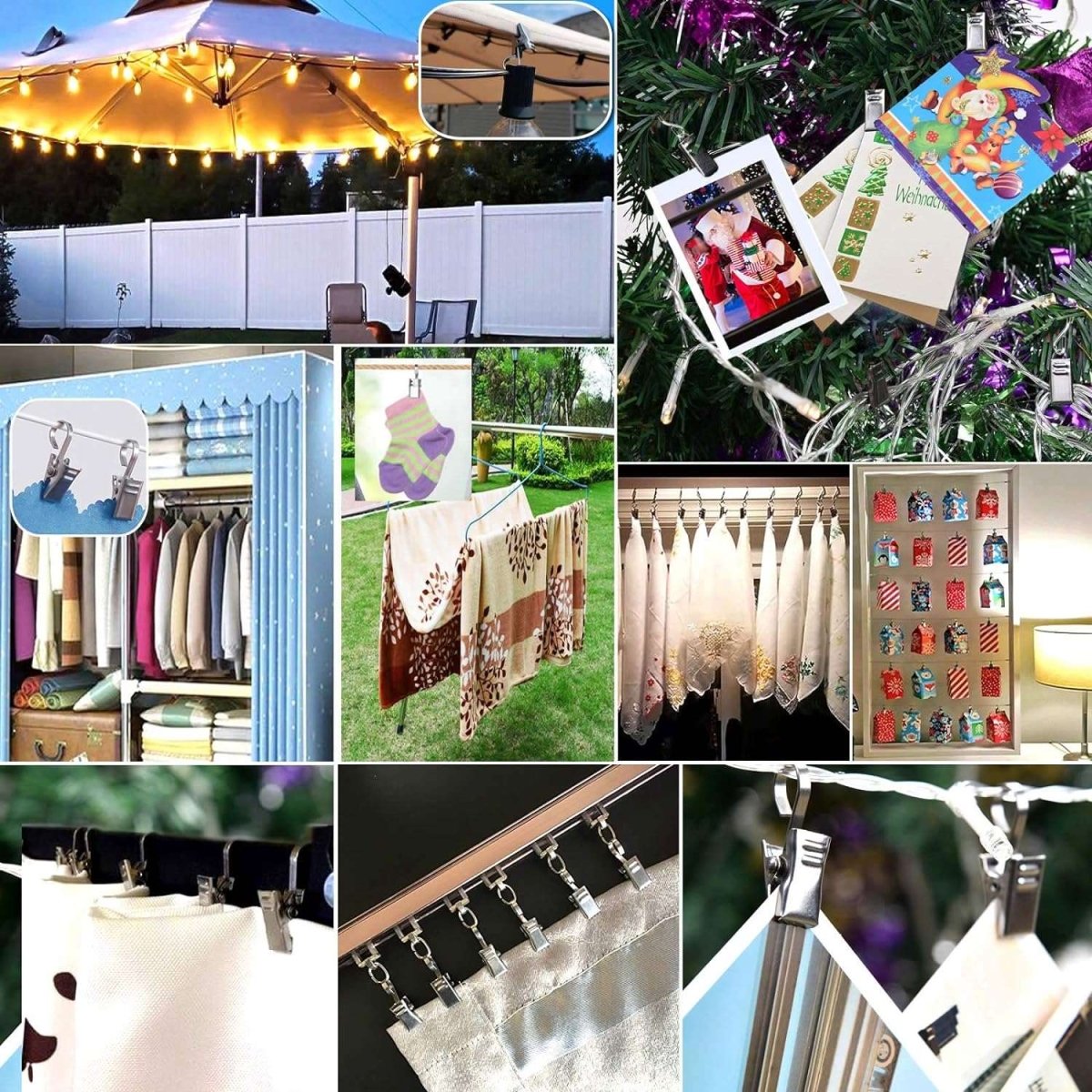 Joydeco steel clips secure patio lights, holiday decor, laundry, closet items, and curtains.