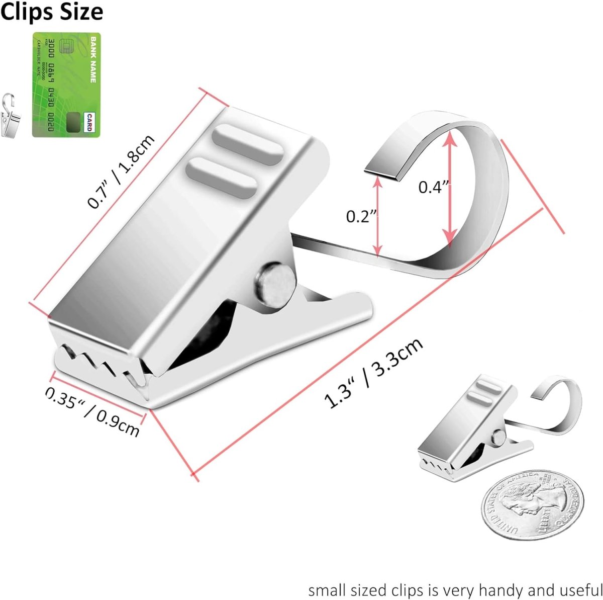 Joydeco small stainless steel curtain clips with hooks, showing dimensions against credit card and quarter for scale.