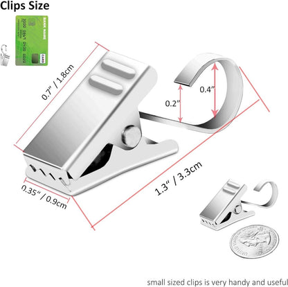 Joydeco small stainless steel curtain clips with hooks, showing dimensions against credit card and quarter for scale.