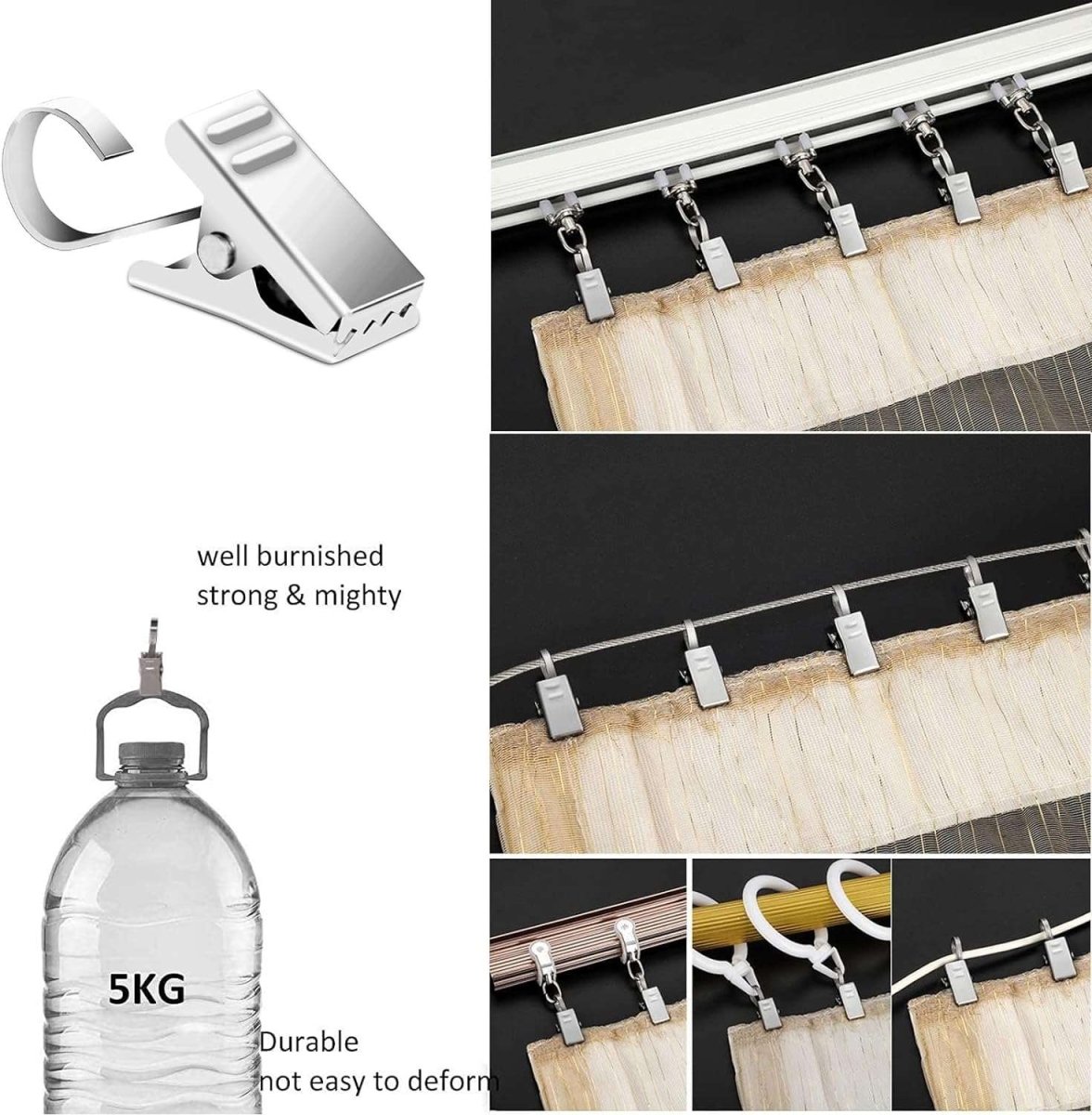 Joydeco stainless steel curtain clips with hooks shown holding curtains, demonstrating strength with a 5kg weight test.
