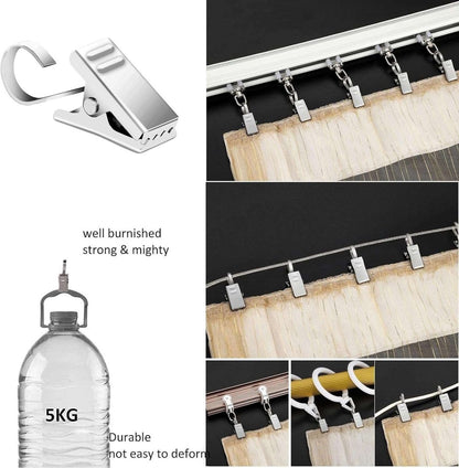 Joydeco stainless steel curtain clips with hooks shown holding curtains, demonstrating strength with a 5kg weight test.