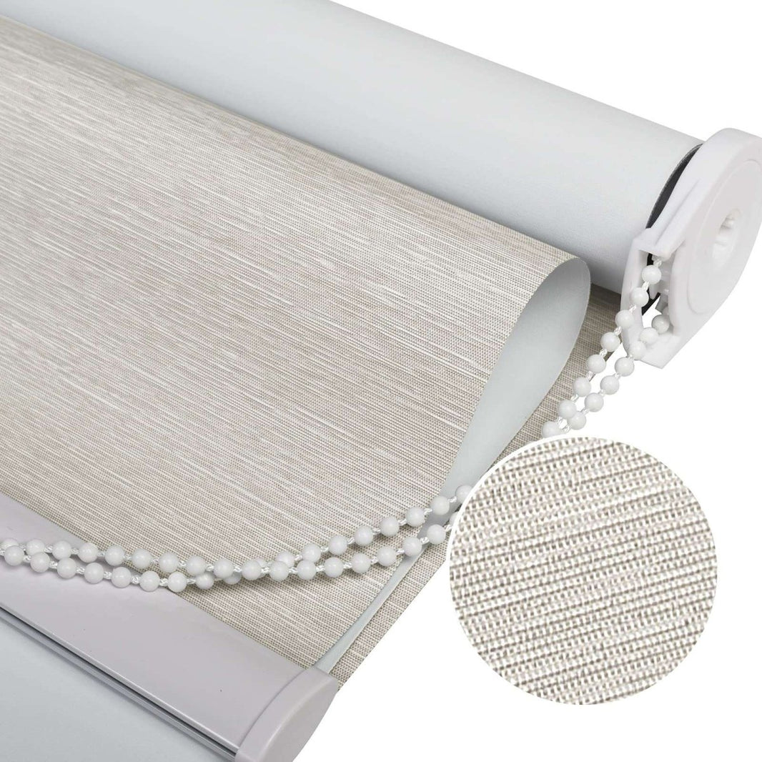 Joydeco beige 100% blackout roller shade with striped jacquard texture, white bead chain, and aluminum bottom rod.