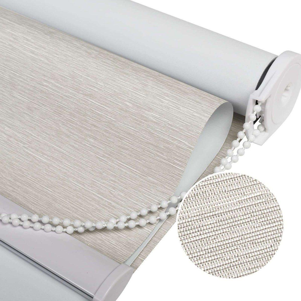 Joydeco beige 100% blackout roller shade with striped jacquard texture, white bead chain, and aluminum bottom rod.