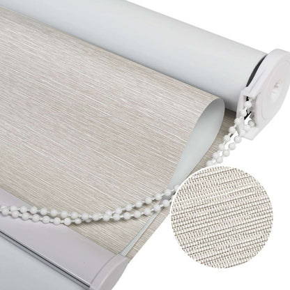 Joydeco beige 100% blackout roller shade with striped jacquard texture, white bead chain, and aluminum bottom rod.