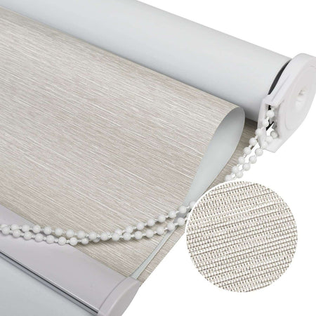 Joydeco beige 100% blackout roller shade with striped jacquard texture, white bead chain, and aluminum bottom rod.