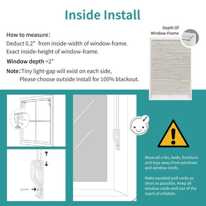 Diagram for inside installation of Joydeco beige blackout roller shade, with measurement tips and child safety warnings.