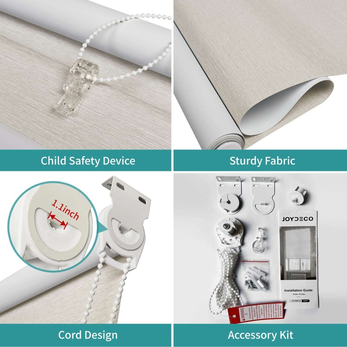 Joydeco beige blackout roller shade with child safety device, beaded chain, and complete accessory kit.