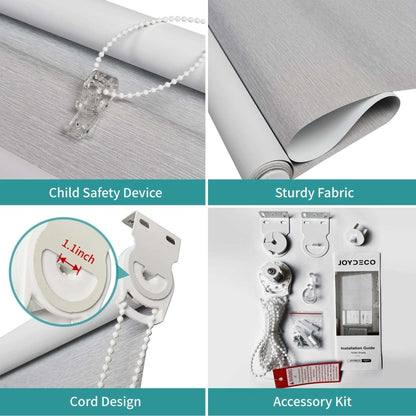 Joydeco light grey blackout roller shade components: child safety device, jacquard fabric, beaded chain, and accessory kit.