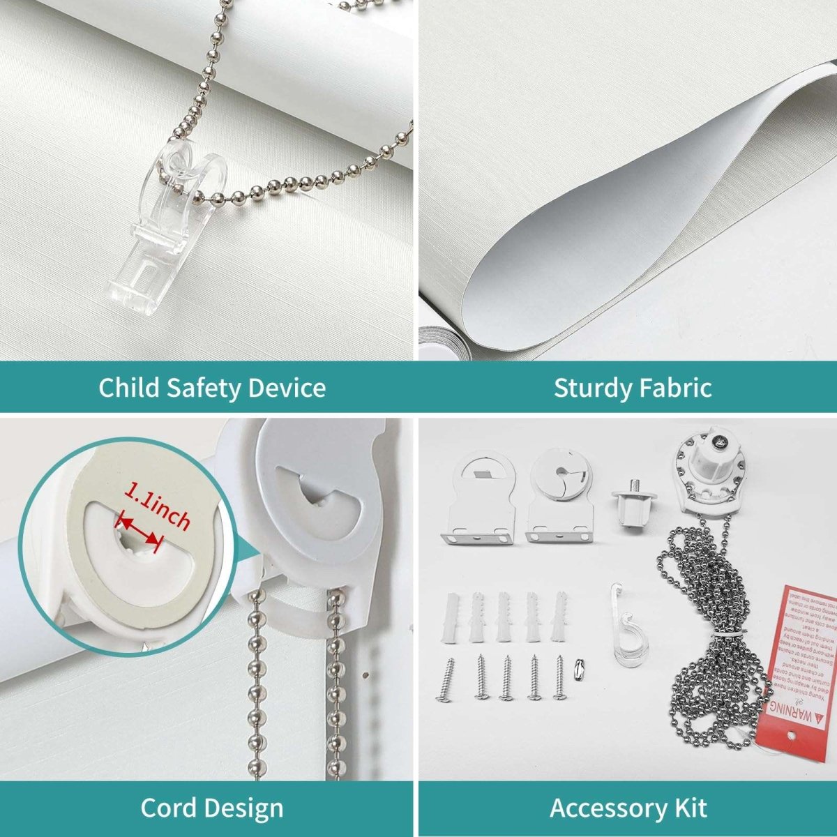 White blackout roller shade components: child safety device, 1.1 inch roller, sturdy fabric, and accessory kit.