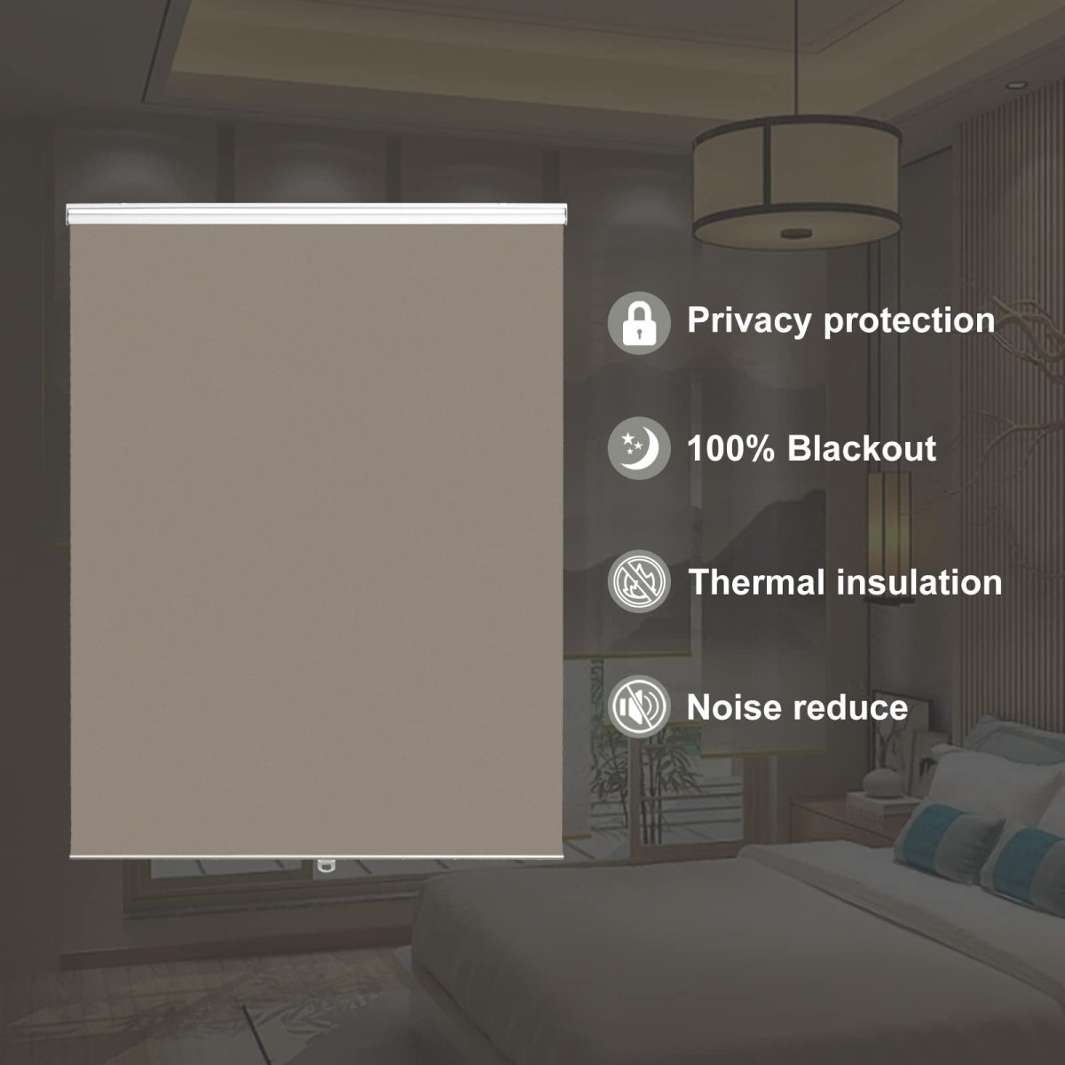 Joydeco taupe 100% blackout roller shade in bedroom showcasing privacy, thermal insulation, and noise reduction benefits.