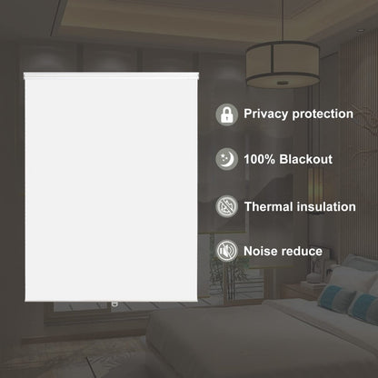 Joydeco white 100% blackout roller shade in bedroom, offering privacy, thermal insulation, and noise reduction.