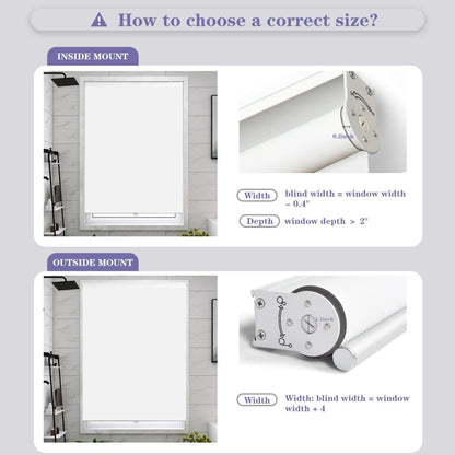 Joydeco blackout roller shade sizing guide showing inside vs. outside mount measurements. Includes width and depth specs.