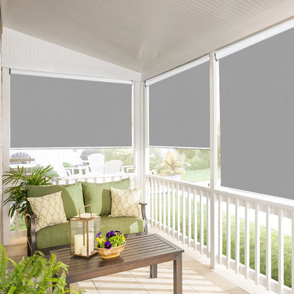Joydeco custom gray cordless blackout roller shades on porch window, modern outdoor setting.