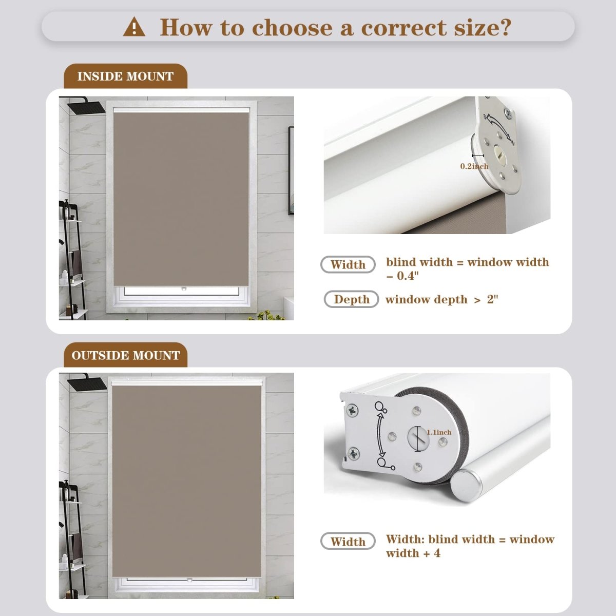 Joydeco roller shades installation guide: measurements for inside mount and outside mount blinds, showing width and depth. .