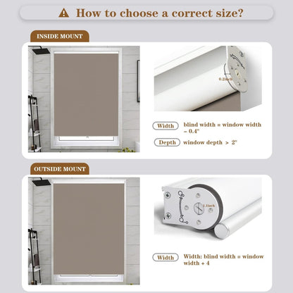Joydeco roller shades installation guide: measurements for inside mount and outside mount blinds, showing width and depth. .