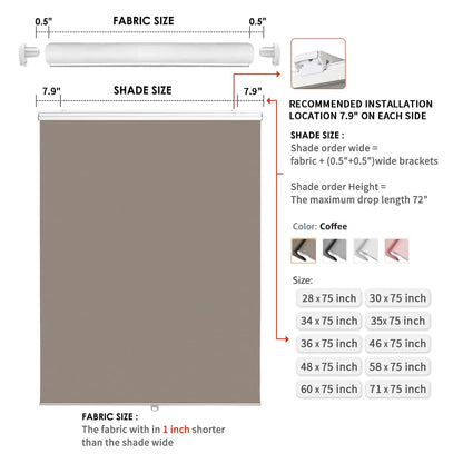 Joydeco blackout roller shades: diagram showing shade size calculation, colors, and available sizes.
