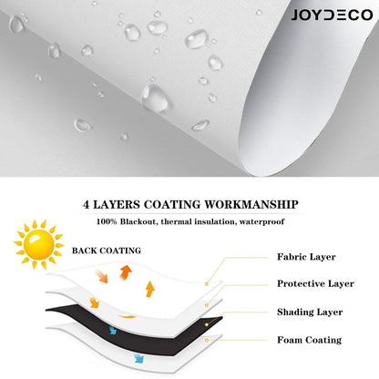 Joydeco white blackout roller shade fabric: 4-layer, waterproof, thermal insulation, 100% blackout.