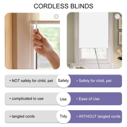 Comparison of corded vs. cordless blinds: corded is unsafe and tangled, cordless is safe, easy to use, and tidy.