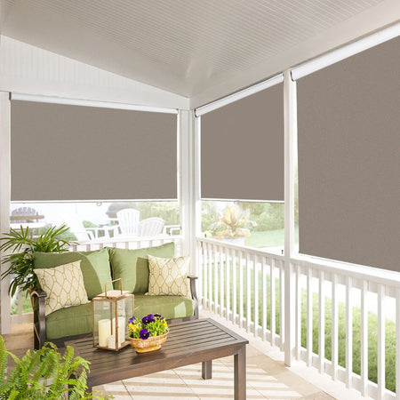 Joydeco taupe blackout roller shades inside-mounted on screened porch, providing privacy and light control on a patio.