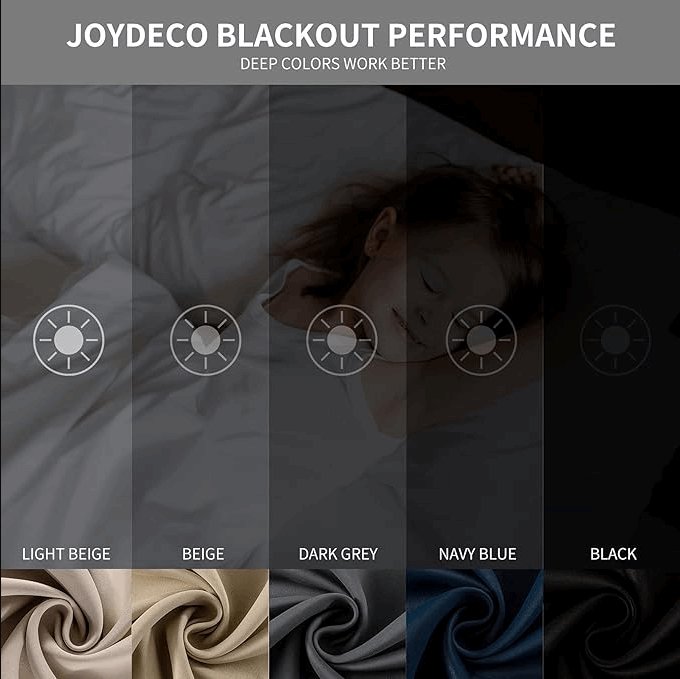 Joydeco blackout curtains: Light beige, beige, dark grey, navy blue, black color light blocking comparison.