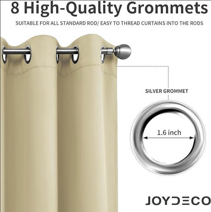 Joydeco beige blackout curtains with 8 high-quality 1.6-inch silver grommets for easy curtain rod threading.