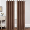 Joydeco custom rich brown blackout curtains with grommet tops hanging in a softly lit room.