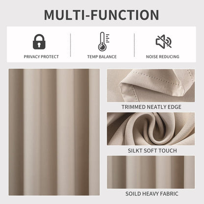 Beige blackout curtain features: privacy, temp balance, noise reduction. Neat trim, soft, heavy fabric.