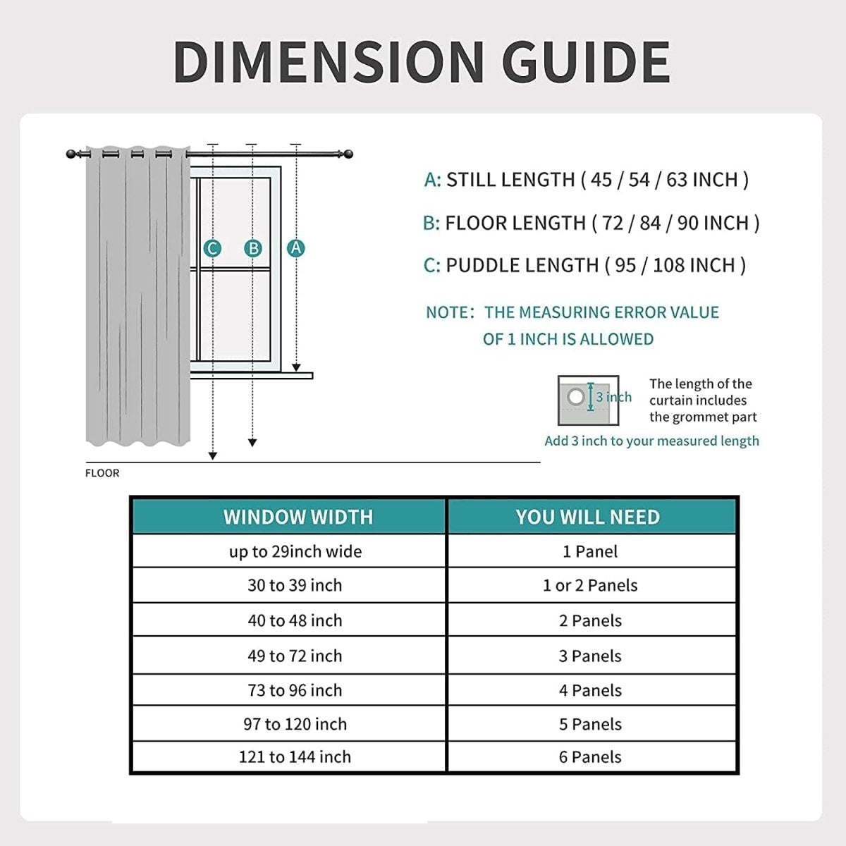 Joydeco Light Grey Linen Curtains dimension guide showing still, floor, and puddle lengths and panels needed by window width.