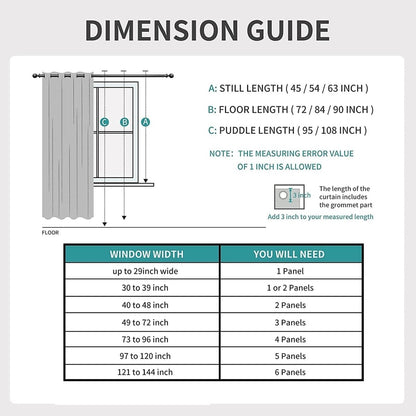 Joydeco Light Grey Linen Curtains dimension guide showing still, floor, and puddle lengths and panels needed by window width.