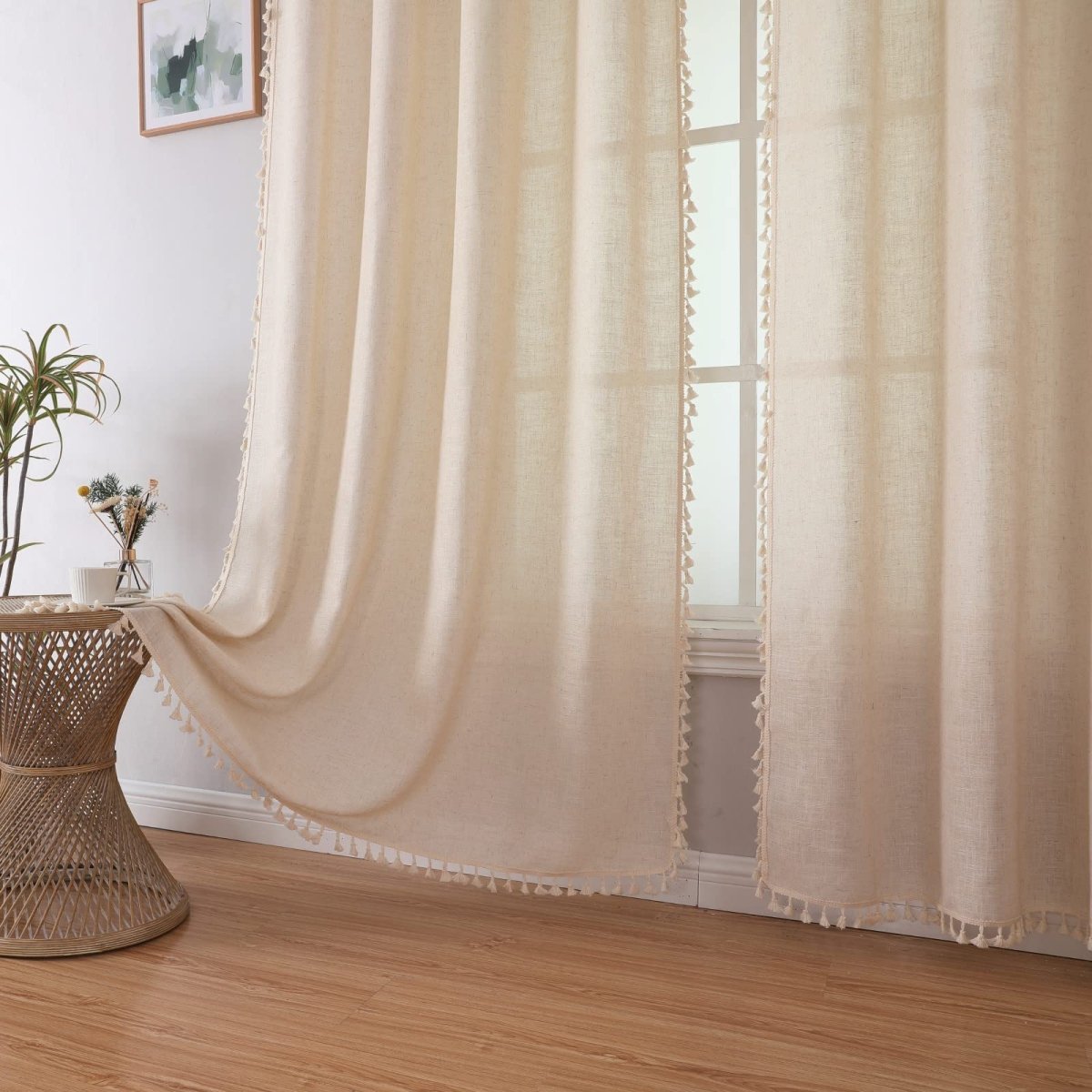 Cream boho linen curtains with tassel trim, 108 inches, light filtering for living room.