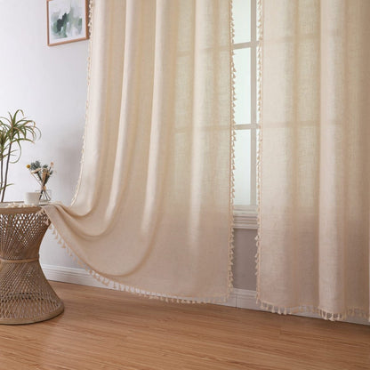 Cream boho linen curtains with tassel trim, 108 inches, light filtering for living room.