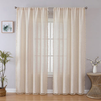 Joydeco 2-panel cream boho linen curtains, 108 inches long, with tassels, light-filtering for living room.