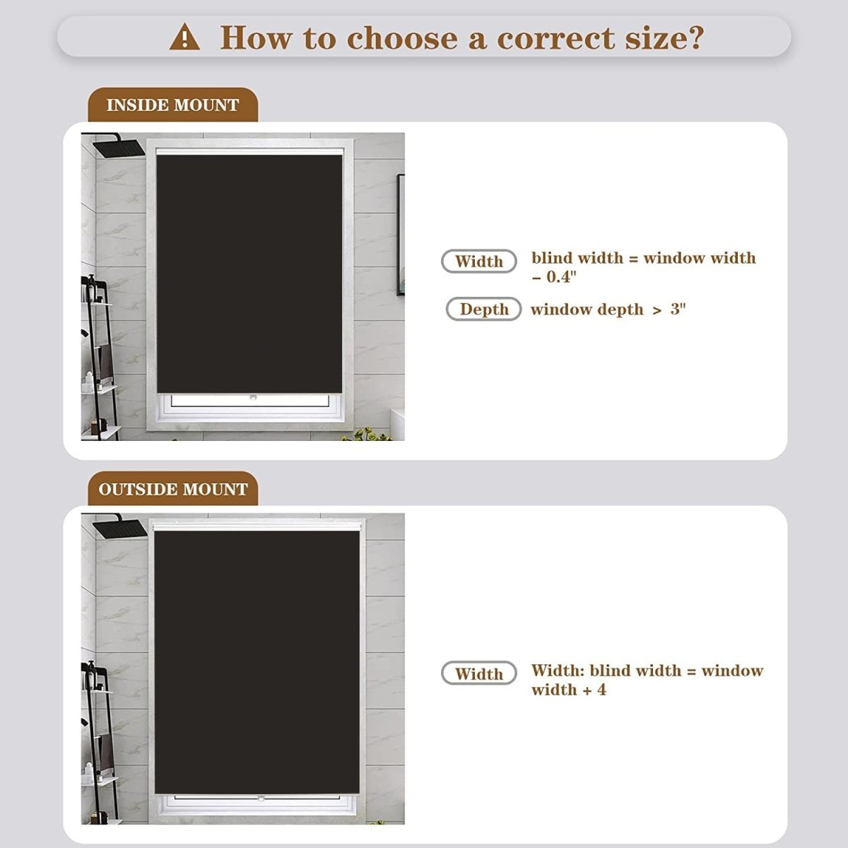 Joydeco blackout roller shade sizing guide: inside vs. outside mount measurements for window installation.