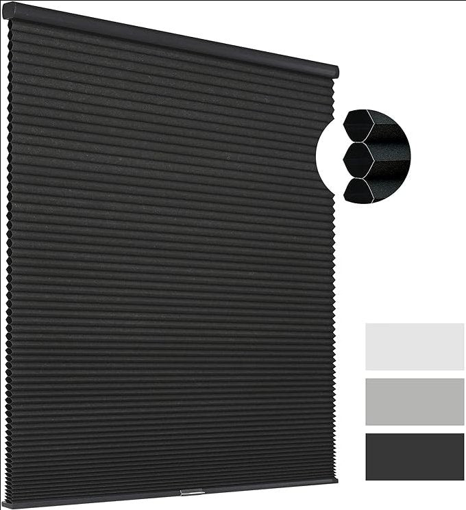 Joydeco black cordless blackout cellular shade, honeycomb detail and color swatches (white, gray, black).