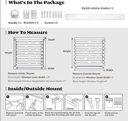 Diagrams for Joydeco blackout cellular shades: package contents, how to measure, and installation steps.